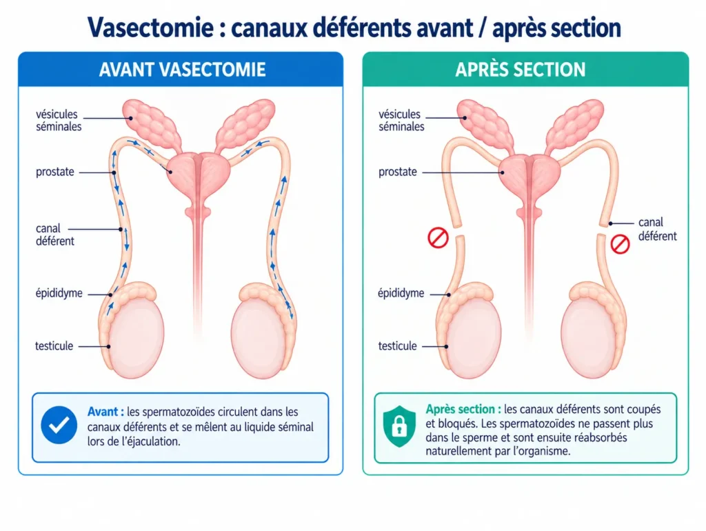Schéma de la vasectomie : section des canaux déférents