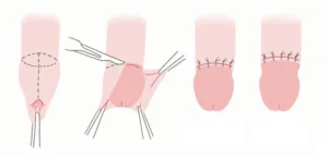 Schéma circoncision : ablation du prépuce, cicatrice basse et cicatrice haute